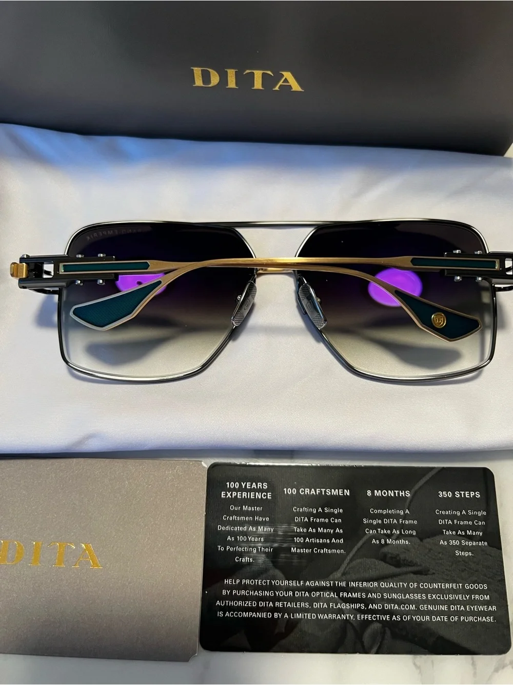 DITA Black & Gold Rectangular Aviator Sunglasses